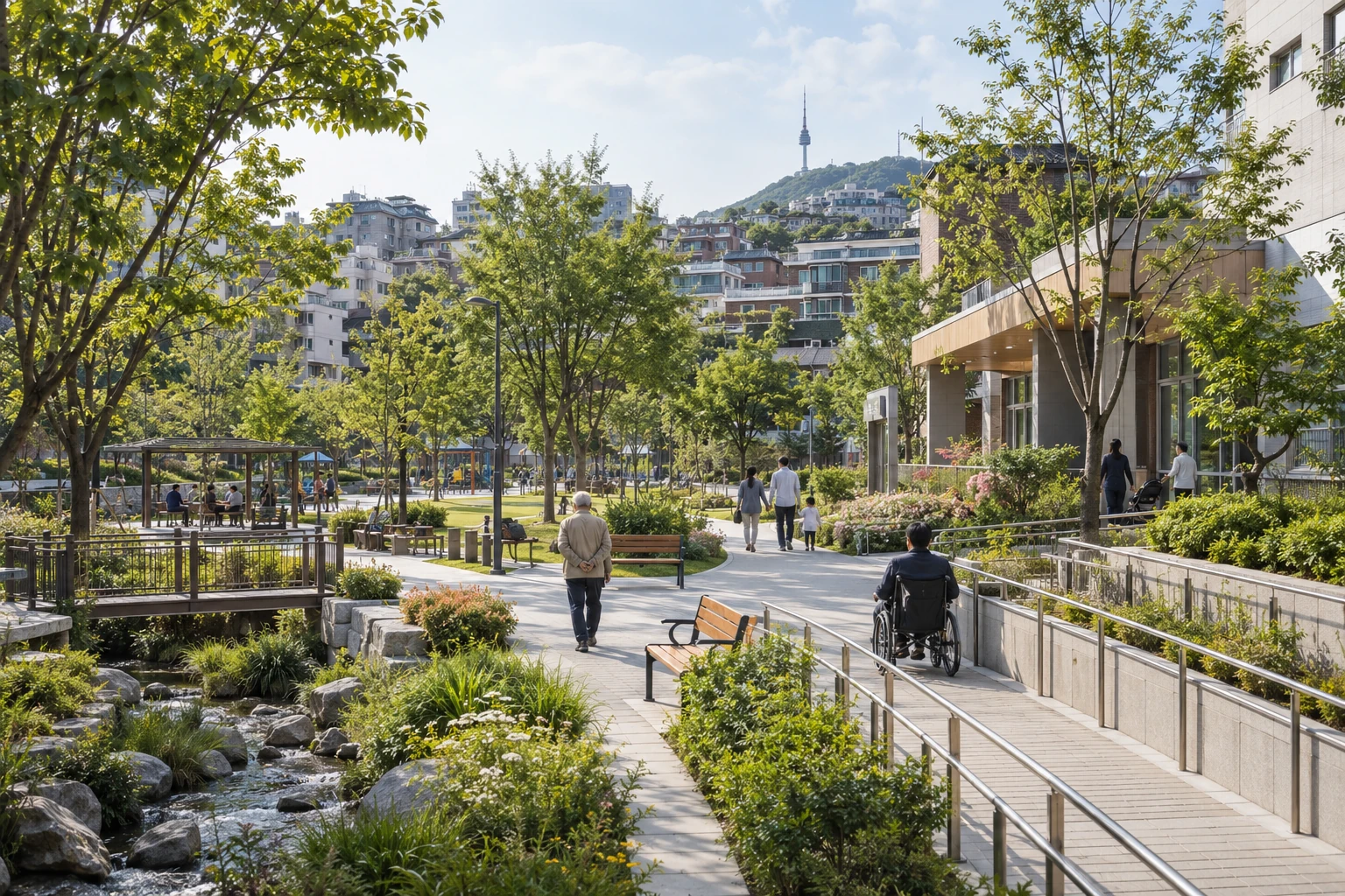 녹지와 무장애 보행로를 갖춘 서울 지역사회에서 주민들이 일상을 누리는 모습